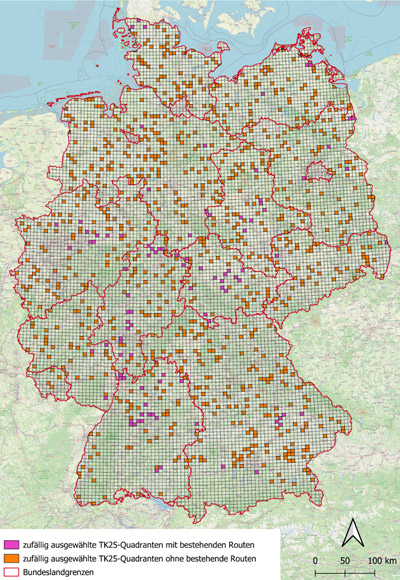 Rebhuhnkartierung - Auswahl an TKs mit Zählrouten